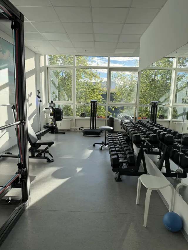 Helle Trainingsfläche mit großer Fensterfront und Blick ins Grüne